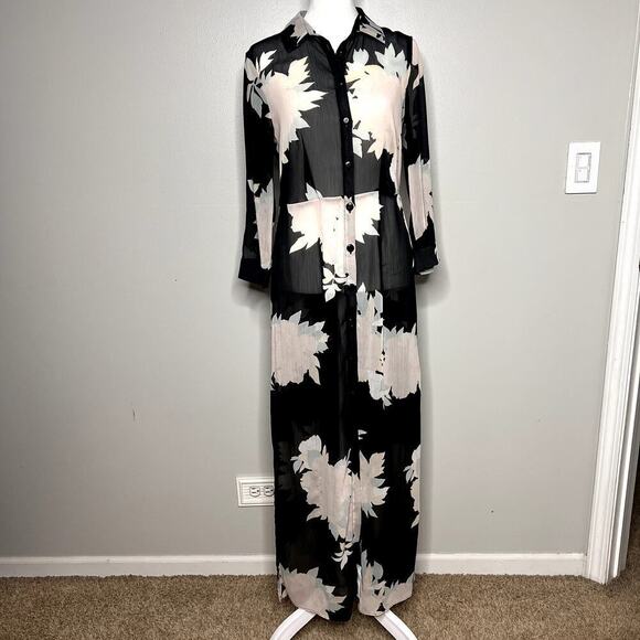 River Island Printed Sheer Maxi Dress Kaftan Size 10 Button Front - Picture 1 of 8